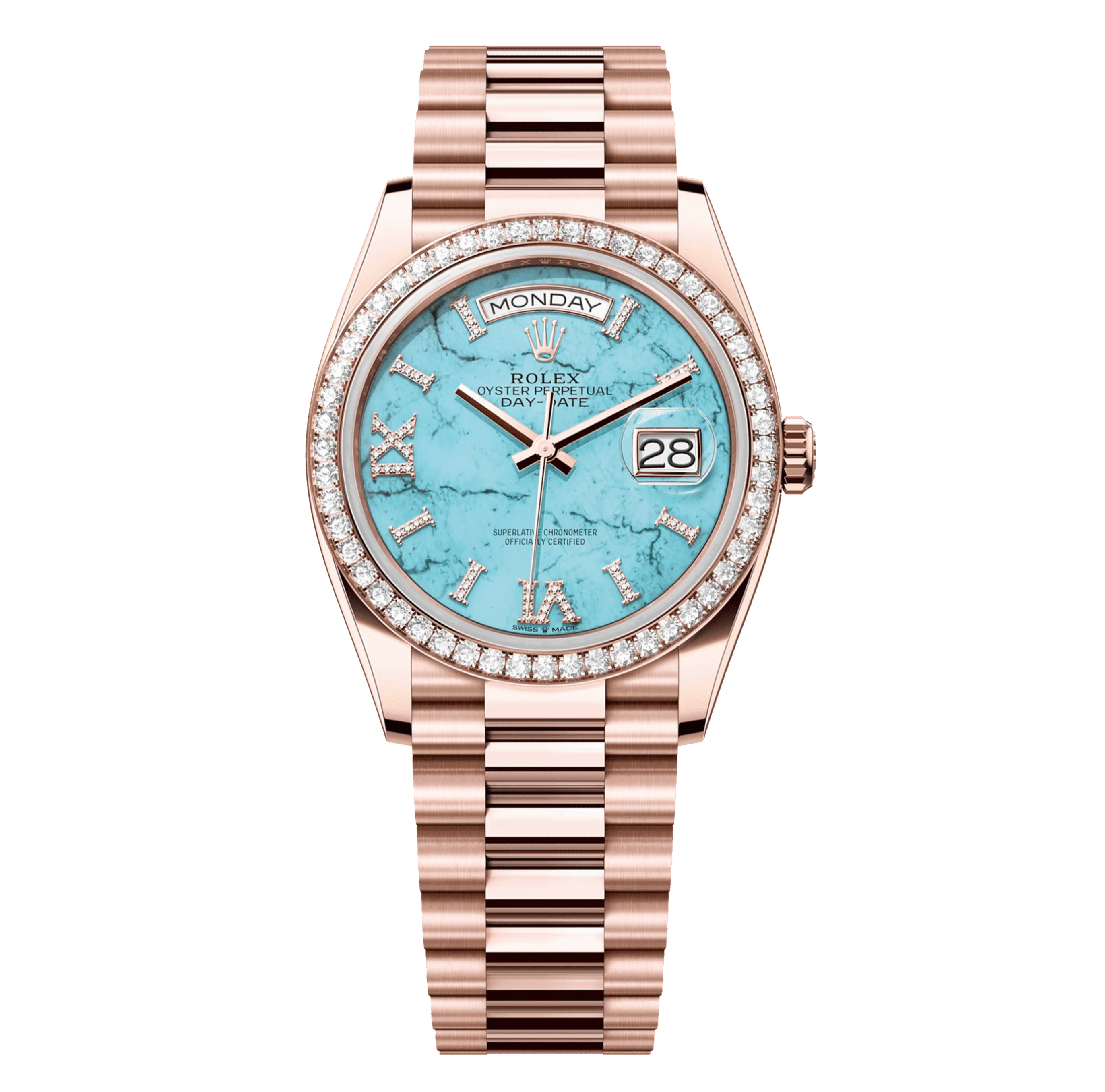 Daydate36_128345RBR-0064_diamond set turquoise dial_front